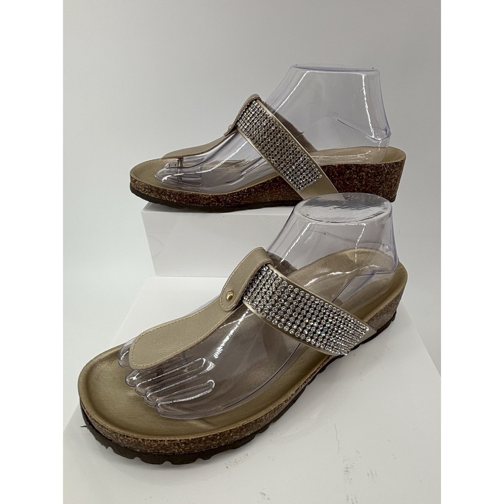 Italian Shoemakers Women 8 T-Strap Thong Sandal Wedge Cork Gold Rhinestone Shoes